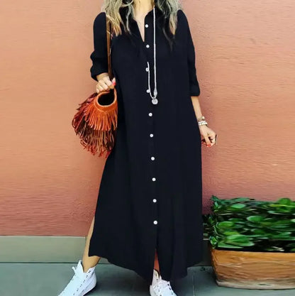 Spring Autumn New Style Women's Cotton Linen Open Cardigan Shirt Dress Long Sleeve Turn-down Collar Loose Casual Elegant Pure Co