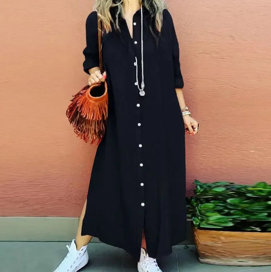 Spring Autumn New Style Women's Cotton Linen Open Cardigan Shirt Dress Long Sleeve Turn-down Collar Loose Casual Elegant Pure Co