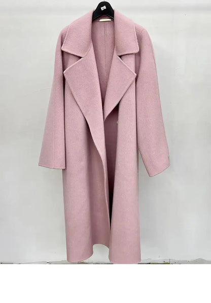Handmade Office Lady Double-Breasted Woolen Alpaca Jackets 2024 Autumn And Winter Lace Up Loose Long Women's Wool Coats