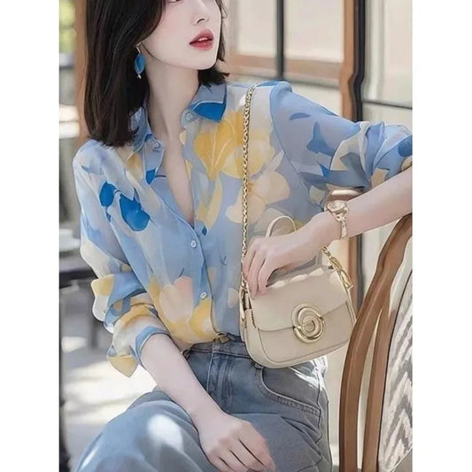 Spring and summer fashion casual printed shirt for women, long-sleeved stylish and versatile loose ladies' top
