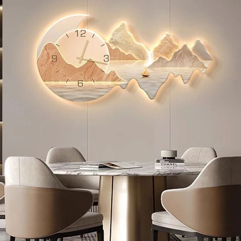 Luxury Modern Wall Clock with Moonlit Landscape - Stunning Multi-Panel Wall Art