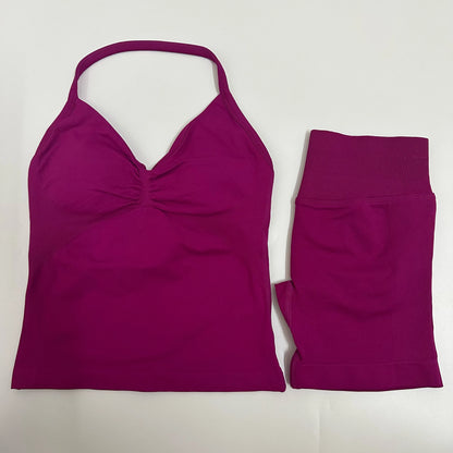 2 Pieces Women Yoga Set Seamless Yoga Longline Strappy Tank Top Scrunch Sports Shorts Gym Clothes Woman Summer Workout Outfit
