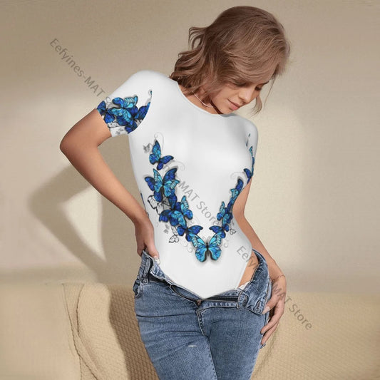 Sexy Female Jumpsuit Women Romper Bodysuit Blue Symmetrical Butterflies Long Short Sleeved Woman Clothes Tight Overalls