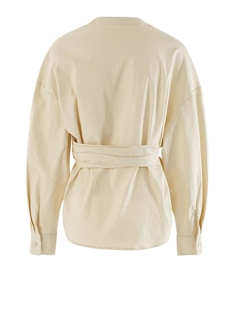 [EAM] Women Light Yellow Irregular Corss Big Size Elegant Blouse New V-neck Long Sleeve Shirt Fashion Spring Autumn 2025
