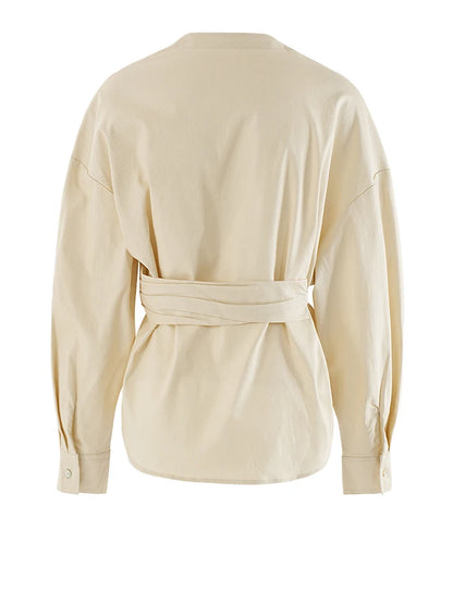 [EAM] Women Light Yellow Irregular Corss Big Size Elegant Blouse New V-neck Long Sleeve Shirt Fashion Spring Autumn 2025