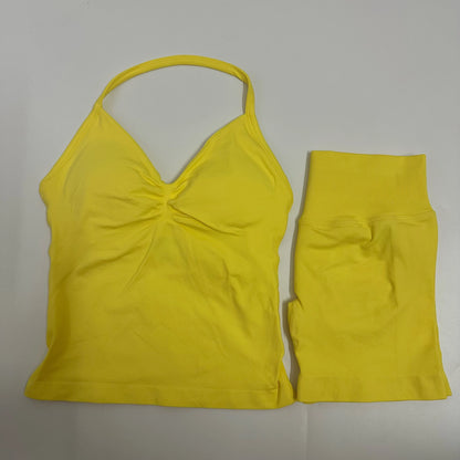 2 Pieces Women Yoga Set Seamless Yoga Longline Strappy Tank Top Scrunch Sports Shorts Gym Clothes Woman Summer Workout Outfit