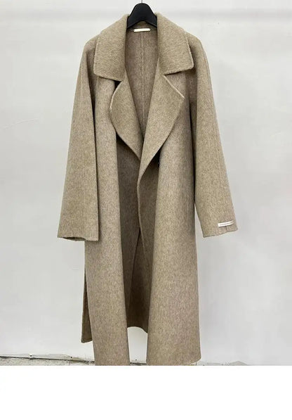 Handmade Office Lady Double-Breasted Woolen Alpaca Jackets 2024 Autumn And Winter Lace Up Loose Long Women's Wool Coats