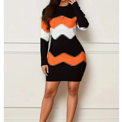 Women's Mid-Length Short Dress round Neck Long Sleeve Printed Knitted Wrap Body Dress Fashionable Chinese Style Clothing