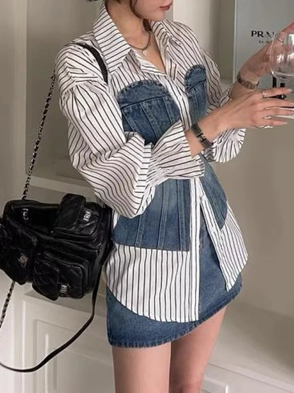 [EWQ] Korean Fashion Denim Patchwork Long Sleeve Striped Blouse Slim Single Breasted Temperament Women Shirt Spring 2025 Autumn