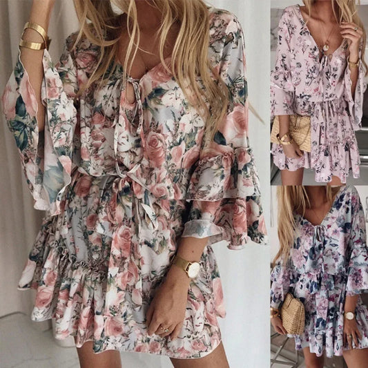 Elegant Chiffon Pink Mini Dress For Women Autumn Printing Slimming Cotton Pullover Mid Waist European And American Style