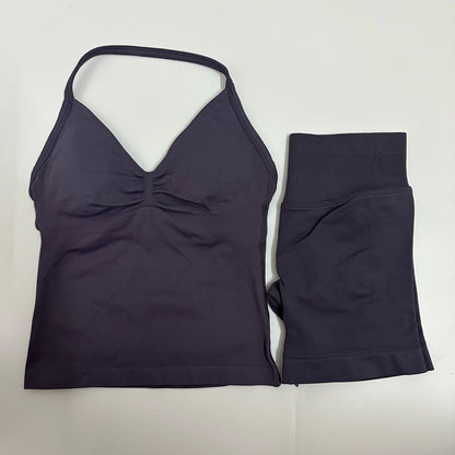 2 Pieces Women Yoga Set Seamless Yoga Longline Strappy Tank Top Scrunch Sports Shorts Gym Clothes Woman Summer Workout Outfit