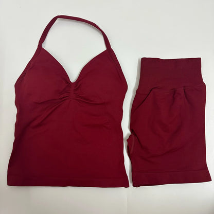 2 Pieces Women Yoga Set Seamless Yoga Longline Strappy Tank Top Scrunch Sports Shorts Gym Clothes Woman Summer Workout Outfit