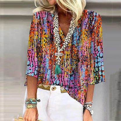 Women's Shirt Blouse Loose Shirts 3/4 Sleeve Print V Neck Tops Print Tops T-shirts Tee Tops for Women Womens Tops and Blouses