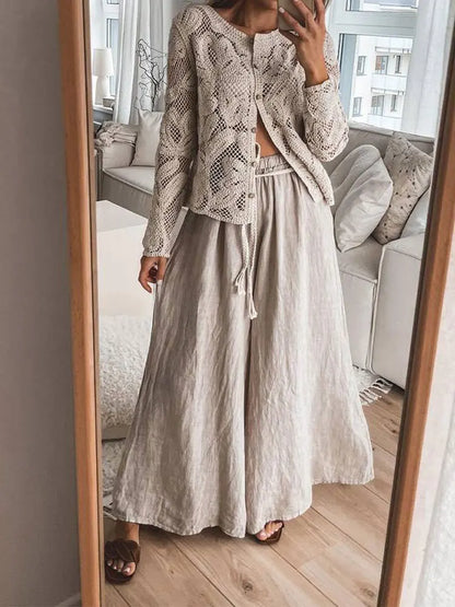 Elegant Beige Casual Hollow Out Shirts Women's Vintage Hook Floral Lace Long Sleeve Button Blouse French Tops Blouses Clothes