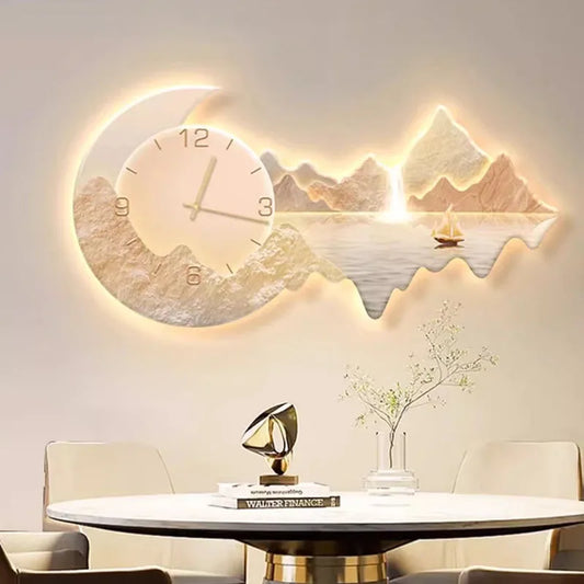 Luxury Modern Wall Clock with Moonlit Landscape - Stunning Multi-Panel Wall Art