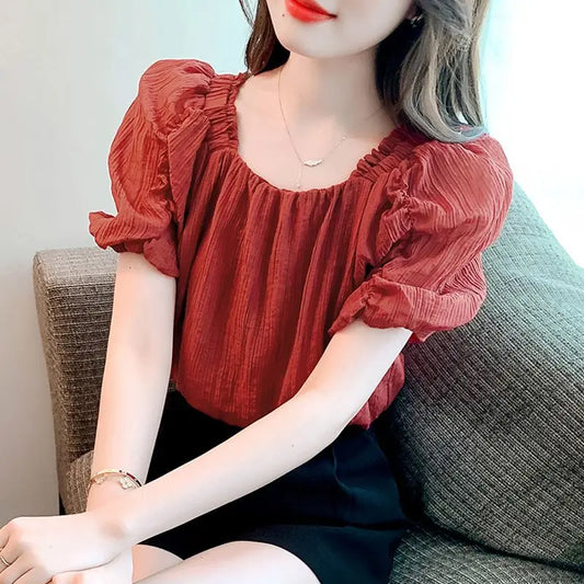 Retro Ruffle French Bubble Sleeve Chiffon Blouse Women Off-Shoulder Sweet Fresh Shirt