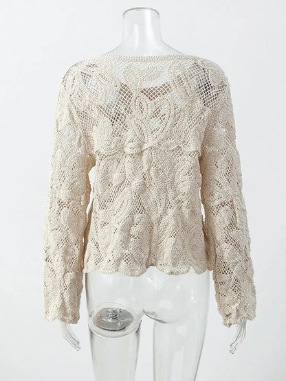 Elegant Beige Casual Hollow Out Shirts Women's Vintage Hook Floral Lace Long Sleeve Button Blouse French Tops Blouses Clothes