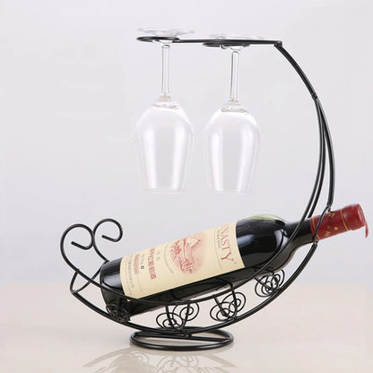 Unique Home Decor: Creative Metal Wine Rack with Hanging Glass Holder – Perfect for Bar and Dining Spaces