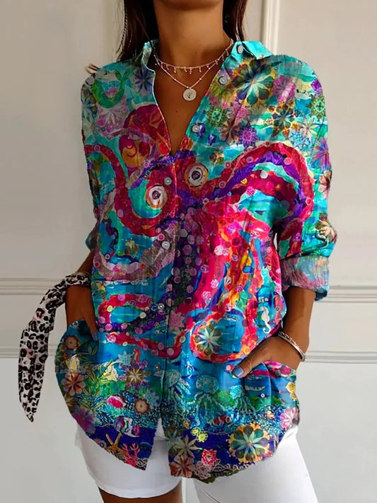 Women's Shirts and Tops Elegant Floral Shirt Octopus 3D Printing High Quality Long Sleeve Fashion Plus Size Women's Shirts
