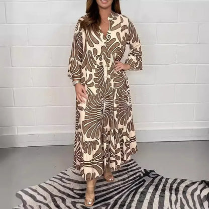 Spring Summer Hot Sale Of The Season Casual Ladies Print Loose Fit V-neck Knee-length Dress Wide Sleeve Women's Fashion Cross-bo