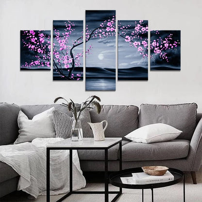 Decorative Wall Panels - 5 Pieces Canvas Flower Plum Purple Print Home Decor for Living Room