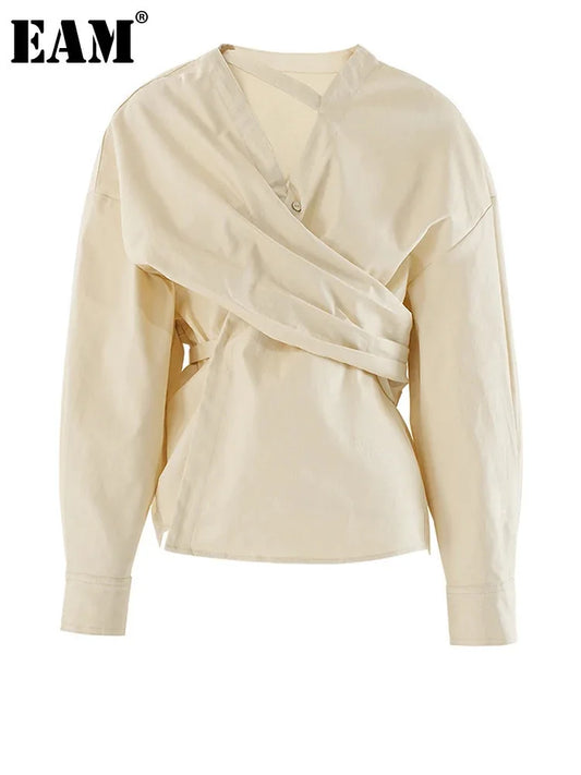 [EAM] Women Light Yellow Irregular Corss Big Size Elegant Blouse New V-neck Long Sleeve Shirt Fashion Spring Autumn 2025