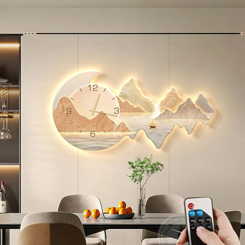 Luxury Modern Wall Clock with Moonlit Landscape - Stunning Multi-Panel Wall Art