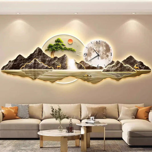 Luxury LED Wall Clock with Artistic Mural - Modern Multi-Panel Wall Art for Living Room