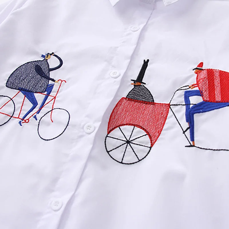 New White Shirt Casual Button Up Turn Down Collar Female Blouse Long Sleeve Cotton Blouse Embroidery Blouse Lady 5083 50