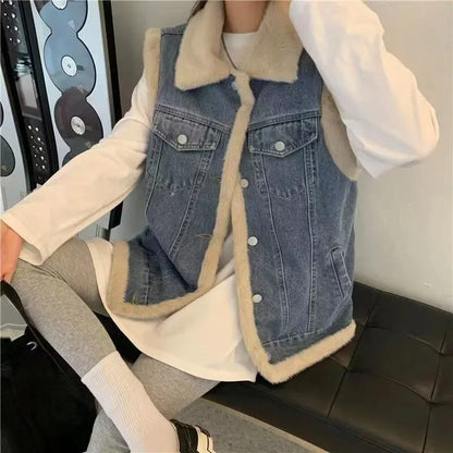 Women's Autumn/Winter Thickened Warm Fleece-Lined Loose-Fit Lapel Vest Top Lamb Woollen Jacket