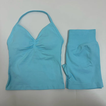 2 Pieces Women Yoga Set Seamless Yoga Longline Strappy Tank Top Scrunch Sports Shorts Gym Clothes Woman Summer Workout Outfit