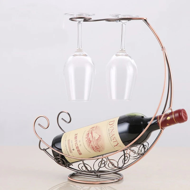 Unique Home Decor: Creative Metal Wine Rack with Hanging Glass Holder – Perfect for Bar and Dining Spaces