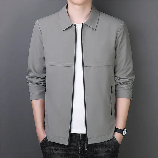 Casual Business Men Windbreaker Jackets Mid Length Business Jacket with Turn-down Collar Zipper Design for Fall Spring Seasons
