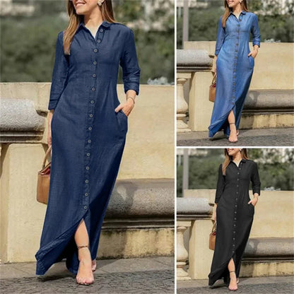 New Cross-Border Long Dress Shirt Collar-Pocket Big Skirt Plus Size Casual Denim Dress Q327