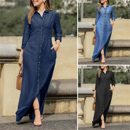 New Cross-Border Long Dress Shirt Collar-Pocket Big Skirt Plus Size Casual Denim Dress Q327