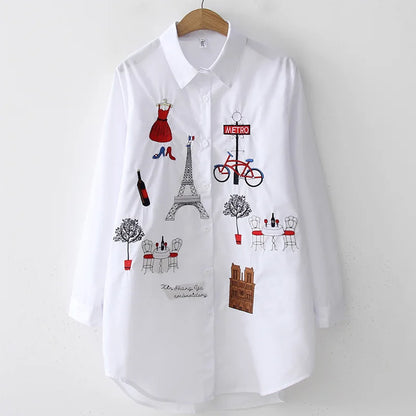 New White Shirt Casual Button Up Turn Down Collar Female Blouse Long Sleeve Cotton Blouse Embroidery Blouse Lady 5083 50
