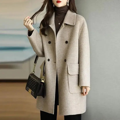 Elegant Korean Style Women's Woolen Coat Autumn Winter Thickened Medium Length Loose Outerwear for Short Women