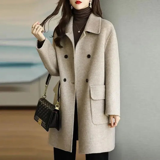 Elegant Korean Style Women's Woolen Coat Autumn Winter Thickened Medium Length Loose Outerwear for Short Women