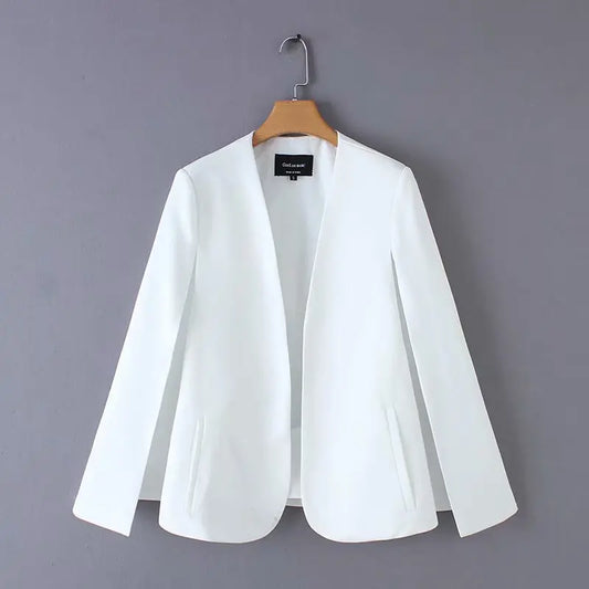 Women elegant black white color v neck split casual cloak coat office lady wear outwear suit jacket open stitch tops CT237