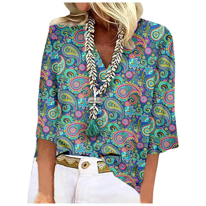Women's Shirt Blouse Loose Shirts 3/4 Sleeve Print V Neck Tops Print Tops T-shirts Tee Tops for Women Womens Tops and Blouses