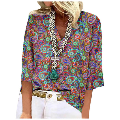 Women's Shirt Blouse Loose Shirts 3/4 Sleeve Print V Neck Tops Print Tops T-shirts Tee Tops for Women Womens Tops and Blouses