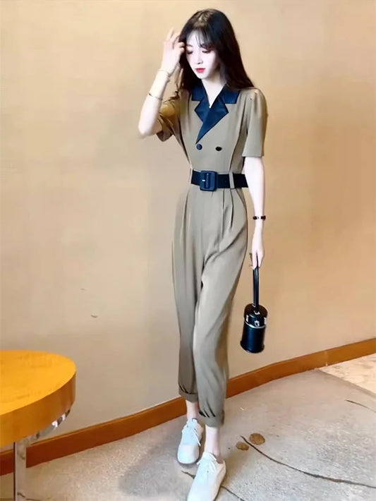 Korean Version of Trendy and Stylish Slim Fitting Waist With Contrasting Color High-end Jumpsuit for Women in the Summer of 2024