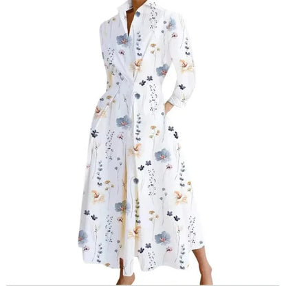 Fashionable Large Size Polo Collar Nine Sleeve Loose A- Line Dress Commute Elegant Swing Skirt Chinese Style Women's Dress