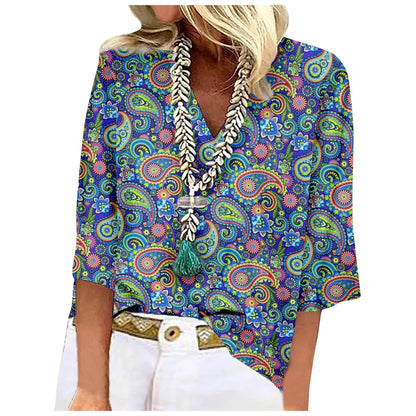 Women's Shirt Blouse Loose Shirts 3/4 Sleeve Print V Neck Tops Print Tops T-shirts Tee Tops for Women Womens Tops and Blouses