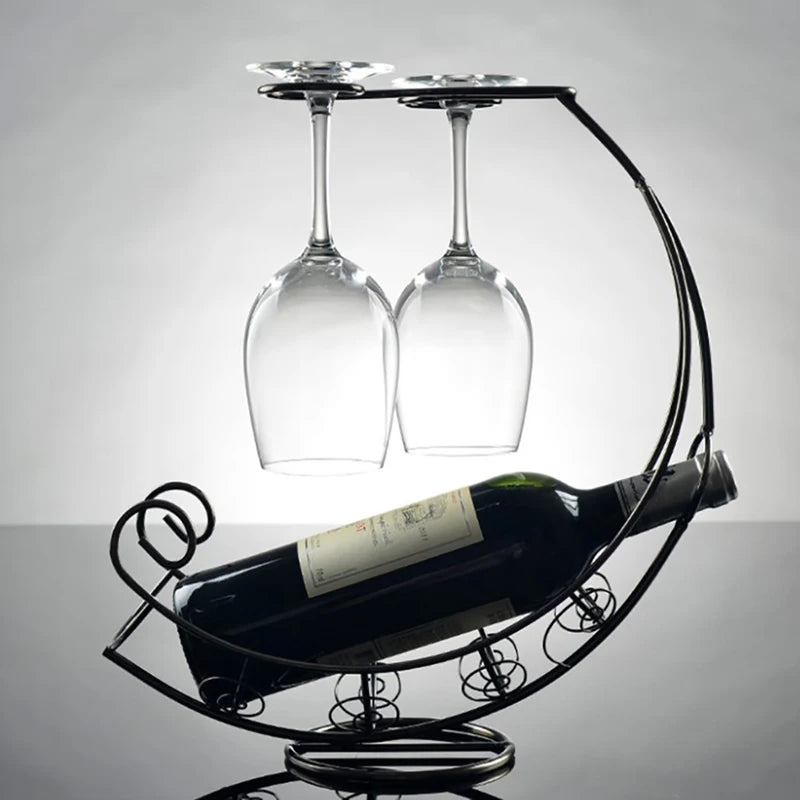 Unique Home Decor: Creative Metal Wine Rack with Hanging Glass Holder – Perfect for Bar and Dining Spaces