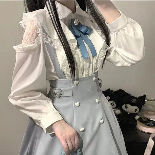 Kawaii Women Shirts Lolita Y2K Cute Japanese Style Blouse Elegant Long Sleeve Sweet Lace Off-Shoulder Aesthetic Shirt Tops