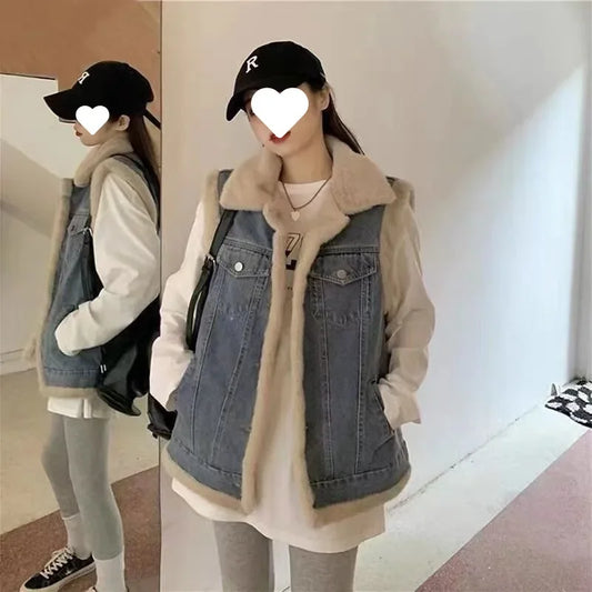 Women's Autumn/Winter Thickened Warm Fleece-Lined Loose-Fit Lapel Vest Top Lamb Woollen Jacket