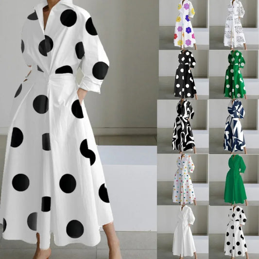 Fashionable Large Size Polo Collar Nine Sleeve Loose A- Line Dress Commute Elegant Swing Skirt Chinese Style Women's Dress