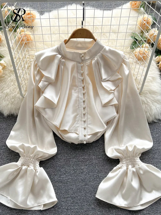 SINGREINY High Quality Satin Loose Shirt Long Flared Sleeves Ruffles O Neck Beading  Women Gentle Office Lady Casual Blouse