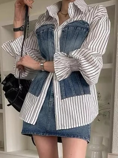 [EWQ] Korean Fashion Denim Patchwork Long Sleeve Striped Blouse Slim Single Breasted Temperament Women Shirt Spring 2025 Autumn
